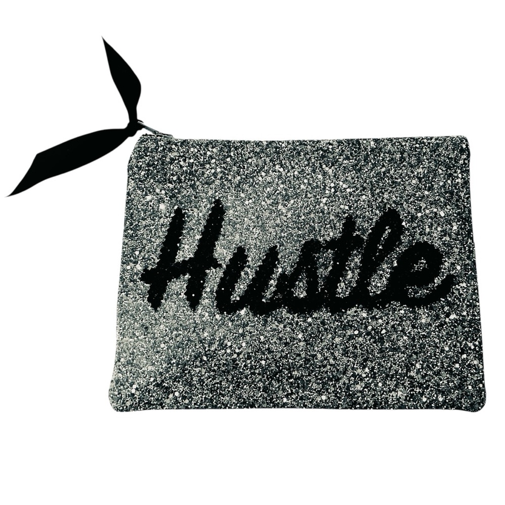 Y2K Lisa Bea large glitter zipper ‘Hustle” pouch.  Purchased in the U.K.